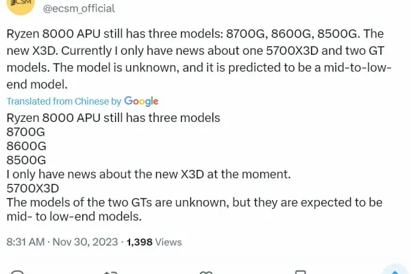 AMD Ryzen 7 5700X3D and Ryzen 8000G APU Series likely Q1 2023 release